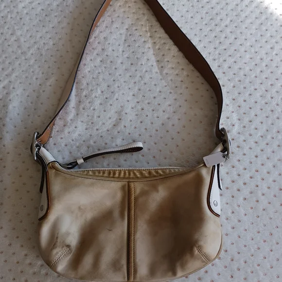Vintage / Rare Coach Nylon Beige Handbag White Leather Handle Shoulder Bag - Picture 13 of 14